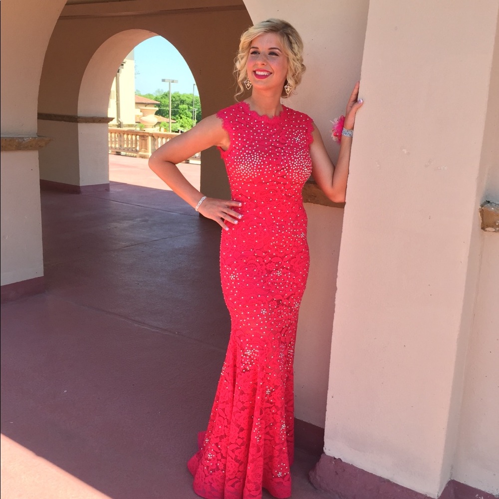 Betsy and Adam Pink Rhinestone Prom Dress